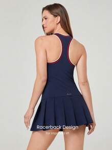 GLOWMODE Vestido deportivo con copas integradas FeatherFit™-Air de secado rápido tipo "racerback" con pliegues y abertura, de impacto medio con shorts integrados y bolsillos laterales, apto para running de bajo impacto, entrenamiento y gimnasio - Dark Blue - Ver 2