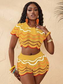 Zolique 2pcs/Set Women Summer Vacation Wavy Patterned Cropped Knit Top & Shorts Set - Yellow - View 3