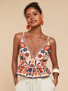 Travachic 女士花卉印花荷叶边下摆吊带背心，适合度假，夏季服装，女士夏季服装，女士度假服装，休闲假日海滩度假，女士沙滩服装，女士节日服装