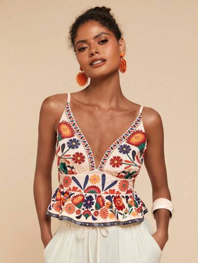 Travachic 女士花卉印花荷叶边下摆吊带背心，适合度假，夏季服装，女士夏季服装，女士度假服装，休闲假日海滩度假，女士沙滩服装，女士节日服装