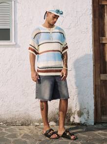 ROMWE MEN Men's Contrast Color Striped Print Crew Neck Casual Vacation Short Sleeve Knit Top, Vacation - Multicolor - View 3