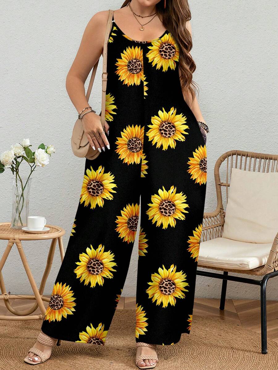 EMERY ROSE 大码休闲简约度假夏季向日葵印花宽松连体裤带口袋 - 彩色 - 查看 1