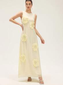 Aveloria Rosie French Romantic Elegant Handmade 3D Sunflower Decor Sleeveless Round Neck Cinched Waist Slim Fit Casual Vacation Dress For Women All Over Print  For Summer Spring Fall Autumn