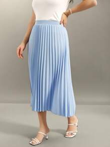 Flouryn Plus Size Summer Casual Solid Color Pleated Skirt - Blue - View 6