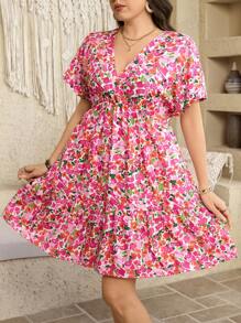 SHEIN LUNE Plus Size Women Vintage Ditsy Floral V-Neck Batwing Sleeve Casual Dress Vacation Outfits Woman Summer Outfits For Women Office Wear,Mini Dress, Vacation Style, Holiday Outfits,Boho/Bohemian,Elegant Daily Party Event,Women Boho/Bohemian Dress,Spring/Summer, Mother's Day Festival Dress,Flowy Dress Women Short Dresses Summer Women Summer Clothing Women Plus Sun Dress,Sun Dresses For Women