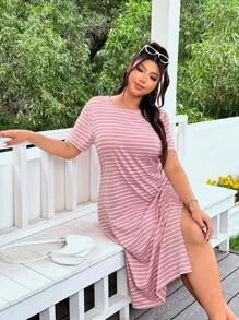 SHEIN EZwear Vestido camiseta maxi a rayas rosa de talla grande con aberturas laterales, vestido casual de manga corta para primavera/verano