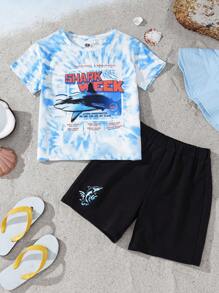 Shark Week X SHEIN Young Boy Shark Print Tie-Dye Blue Short Sleeve T-Shirt & Black Shorts Sports Casual 2 Pieces Set - Blue - View 1