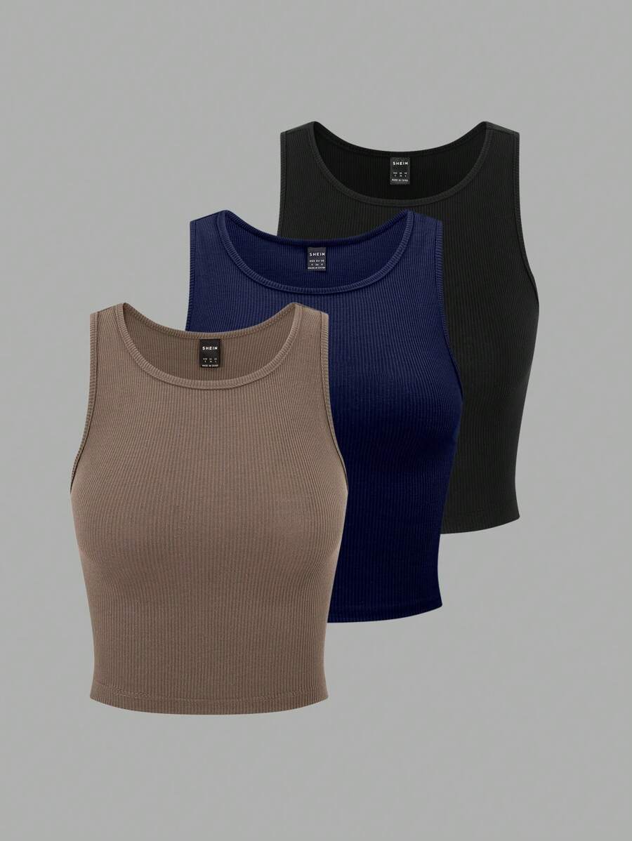 EMERY ROSE 3 chiếc áo ba lỗ dệt kim cổ tròn màu trơn cho nữ - Nhiều màu - Xem 1