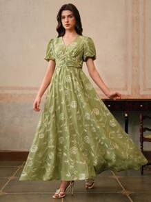 Anewsta 女士长款短袖连衣裙，优雅刺绣工艺大气鸡尾酒裙，春季服装