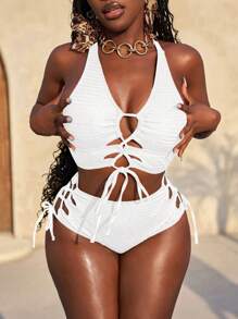 Slaydiva Size Women's Solid Color Hollow-Out Strap Sexy Bikini Set, Summer Beachwear - White - View 4