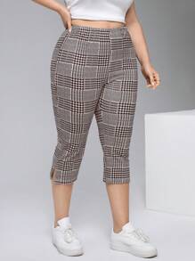 SHEIN Essnce 大码休闲格子开叉下摆紧身七分打底裤 - 咖啡棕 - 查看 3