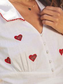 WESTFADE Vestido de verano de algodón en estilo bohemio con cuello, bordado de flores y corazones, botones frontales, sin mangas, ajustado y con vuelo, minivestido para ir al campo, estilo vaquero country western y rodeo