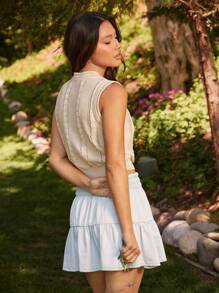 WESTFADE Mixed Stitch Crew Neck Relaxed Fit Country Western Floral Embroidered Cable Knit Cardigan Sweater Vest Spring Summer Top - Apricot - View 4