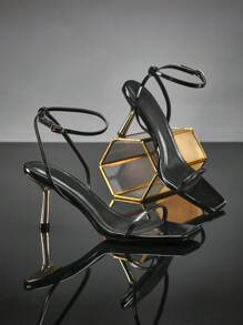 SHUZIA Ladies' Fashionable Black Paten Ankle Strap Buckle Square Toe Party Spring Summer Heeled Sandals For Christmas - Black - View 5