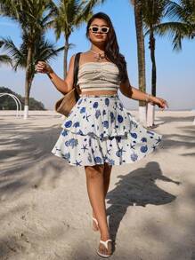 SHEIN EZwear Plus Size Women Summer Holiday Ruffled Tiered A-Line Woven Fabric Comfortable Drawstring Waist Solid Color High Waist A-Line Mini Skirt