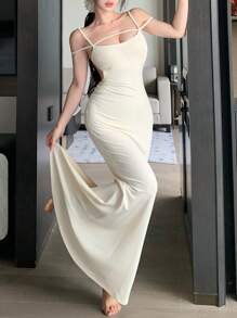 DAZY Island Vacation Fitted Spaghetti Strap Backless Women Lounge Dress Pajama - Apricot - View 3