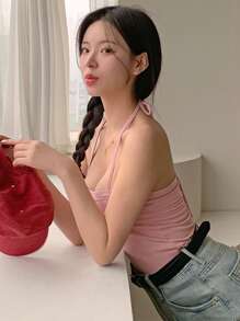 DAZY Camiseta de tirantes ajustada de unicolor y cuello halter, de uso versátil y casual para mujer - Rosa - Ver 6