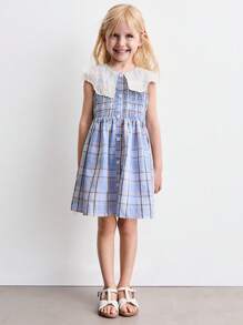 SHEIN Young Girl Cute Peter Pan Collar Plaid Front Button Sleeveless Dress, Summer - Multicolor - View 1