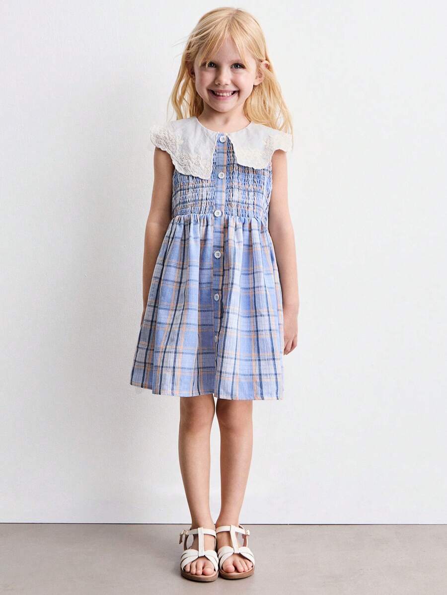 SHEIN Young Girl Cute Peter Pan Collar Plaid Front Button Sleeveless Dress, Summer - Multicolor - View 1