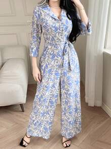 DAZY 女士印花七分袖阔腿优雅连体裤秋冬度假装 - 淺藍色 - 查看 3