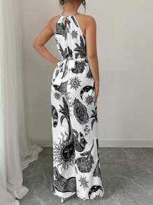 Elenzga Damen Sommer Urlaubs Sonne & Mond Muster Träger Jumpsuit