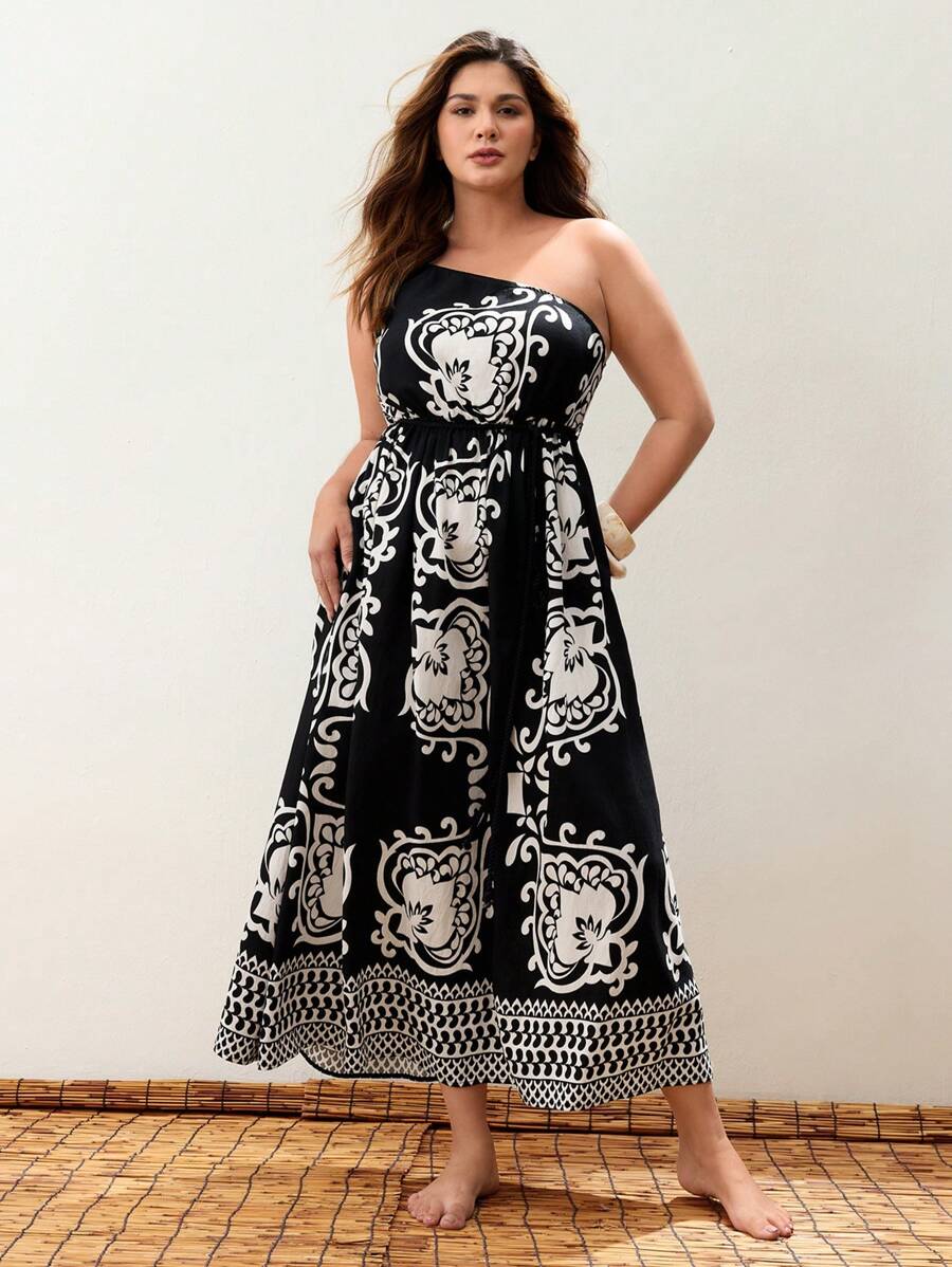 Maija Plus Size Vintage Print Casual Sleeveless Dress Bohemian Beach Holiday Style Casual Ruffles Loose Large A-Hem Hem Sling Women's Outing Dress Summer Dresses Vacation Outfits Wedding Guest Dress Beach Outfits For Western Wear Women Business Casual Woman Graduation Outfiteuropean Summer Hawaii Outfits Women - Multicolor - View 1