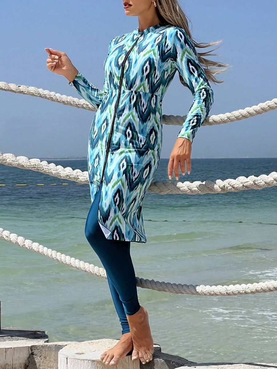 Swim Shayni Women Summer Beach Vacation All-Over Print Zip-Up Long Sleeve Top And Pants Burkini Set - Multicolor - View 1