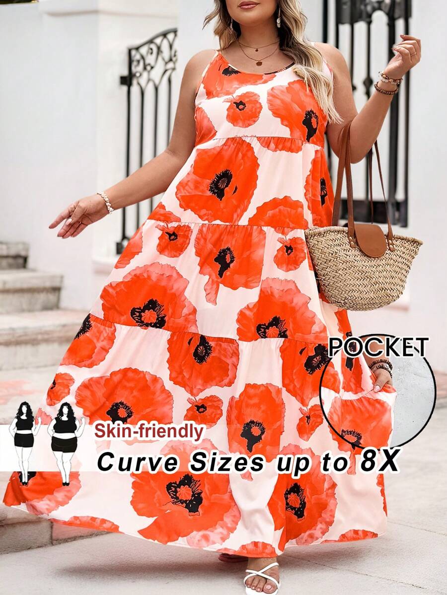 SHEIN CURVE+ Plus Size Green Leaf Print Dress, Suitable For Beach Vacation, Curve Plus, Boho Vacation Beach Outfits For Woman/Beach Dress/Beach Vacation Outfits/Beach Essentials / Graduation/Tea Party Dress - Multicolor - View 1