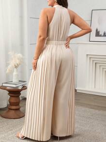 Celure Plus Size Women's Vintage French Romantic Casual Halter Neck Metal Ring Buckle Decor And Side Pleated Palazzo Jumpsuit, Suitable For Vacation, Afternoon Tea, Party, Commute