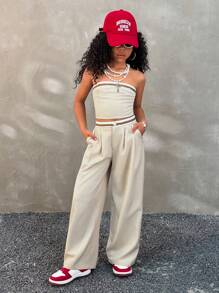 Coolane Kids Tween Girls Spring/Summer 2pcs Set Girl Contrast Color Bandeau Top And Pants