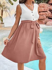 SHEIN Pregnant & Nursing Summer Casual Colorblock Button Front Sleeveless Dress - Dusty Pink - View 3