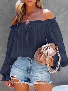SHEIN VCAY Women's Vacation Solid Color Frill Off-Shoulder Long Sleeve Loose Top - Navy Blue - View 6