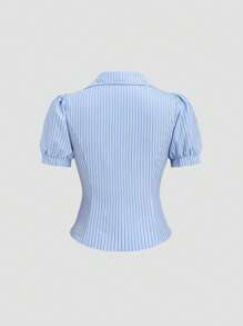 Sweetra 法式夏季新款优雅海军蓝 Polo 领条纹 V 领短袖修身女式衬衫 - 藍色 - 查看 3