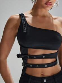 Denimoi 夏季，黑色潜水服单肩上衣，镂空铆钉，黑色上衣，后世界末日风格 - 黑色 - 查看 2