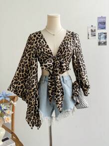 Soleia Casual Vacation Tie-Front Flare Sleeve Ruffle Cuff Leopard Print Shirt - Multicolor - View 3