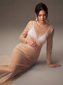 SHEIN Mutterschafts-Schwangerschafts-Fotoshooting-Kleid mit sexy durchsichtigem rundem Ausschnitt und Fischschwanz-Saum - Champagnerfarben - Übersicht 5