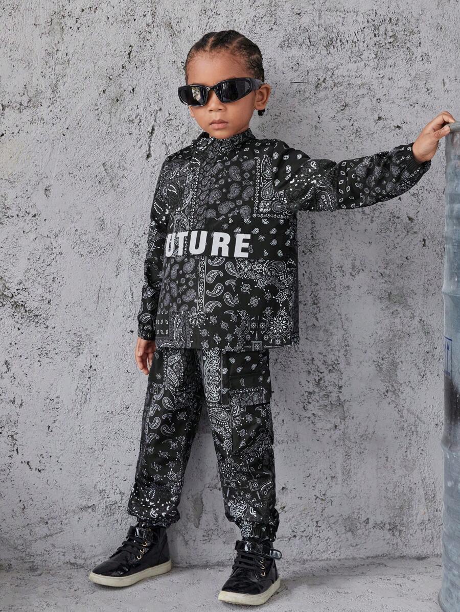 Young Boy Paisley Scarf Print Jacket & Pants - Black - View 1