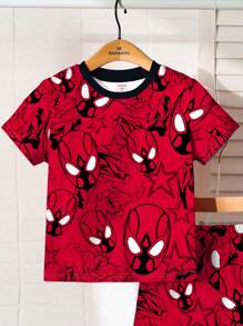 SHEIN 2 pièces/set Ensemble pyjama d'été composé d'un t-shirt à manches courtes décontracté et d'un short, motif de super-héros de dessin animé pour jeunes garçons
