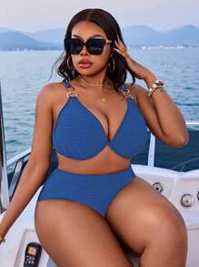 Swim SXY 大码女式两件套泳衣套装，纯色罗纹面料，提升支撑环装饰，性感休闲 - 藍色 - 查看 4