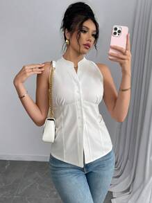 Chiquease Chemise casual à col V sans manches et monorang pour femmes, en couleur unie