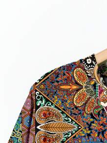 EMERY ROSE Versatile Vacation Style Floral Retro Print Round Neck Chest Pocket Plus Size T-Shirt, Casual Minimalist Suitable For Summer - Multicolor - View 6