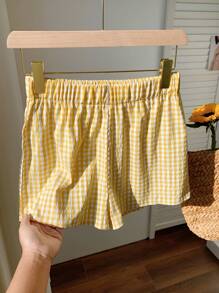 SHEIN Tall CURVE Plus Size Women Plaid Printed Casual Summer Shorts - Yellow - View 5