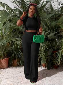 Slaydiva New Casual Basic Sports Style Spring And Summer Round Neck Short-Sleeved Truncated T-Shirt + Wide-Leg Super Long Pants Rose Red Striped Texture Knitted Fabric Women's Two Pieces Set-I