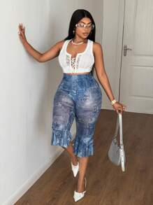 Maweii Plus Size Net Fabric Denim Effect Sexy Minimalist Ruffle Hem Shorts - Blue - View 6