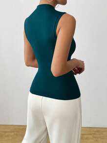 Celisse 1pc Women Elegant Asymmetrical Neck Metal Decor Solid Color Tank Top - Teal Blue - View 2