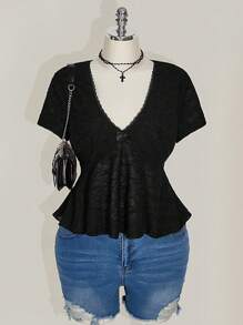 SHEIN ICON Plus Size Black V-Neck Floral Trim Babydoll Knit Top - Black - View 5