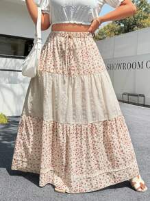 SHEIN EZwear Plus Size Summer Casual Bohemian Mini Ditsy Floral Patchwork Skirt - Multicolor - View 6