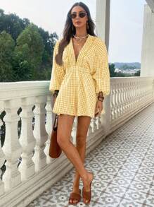 SHEIN VCAY 女式梭织格子V领泡泡袖连体衣 - 黃色 - 查看 3