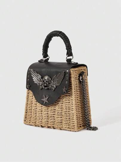 Goth Vintage Damen Handtasche mit Totenkopf-Flügel-Dekor