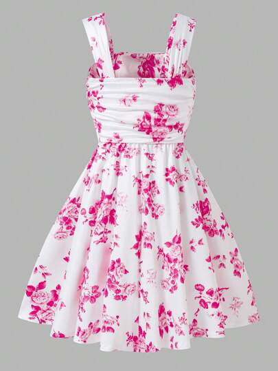 Sparklyn Tween Girl Porcelain Floral Print Sweet Pleated Midi Dress